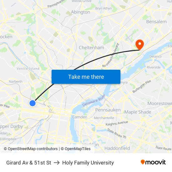 Girard Av & 51st St to Holy Family University map