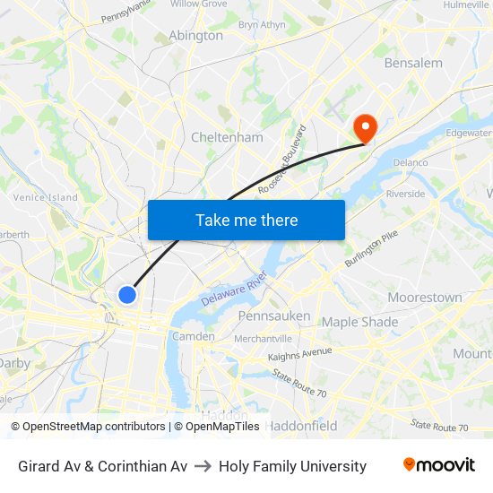 Girard Av & Corinthian Av to Holy Family University map