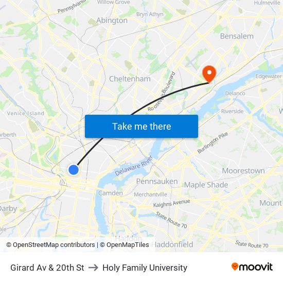 Girard Av & 20th St to Holy Family University map