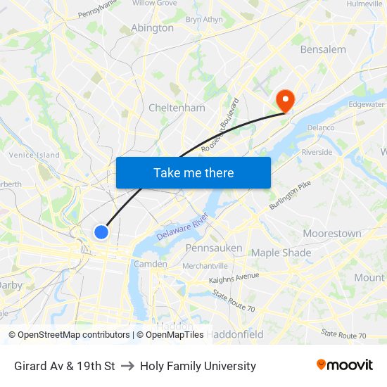 Girard Av & 19th St to Holy Family University map