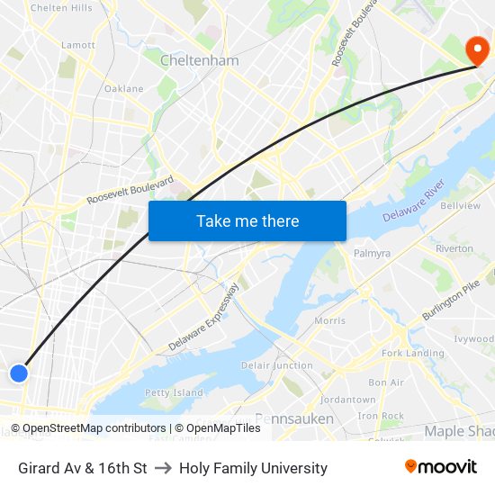 Girard Av & 16th St to Holy Family University map