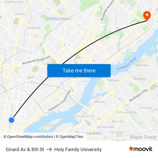 Girard Av & 8th St to Holy Family University map