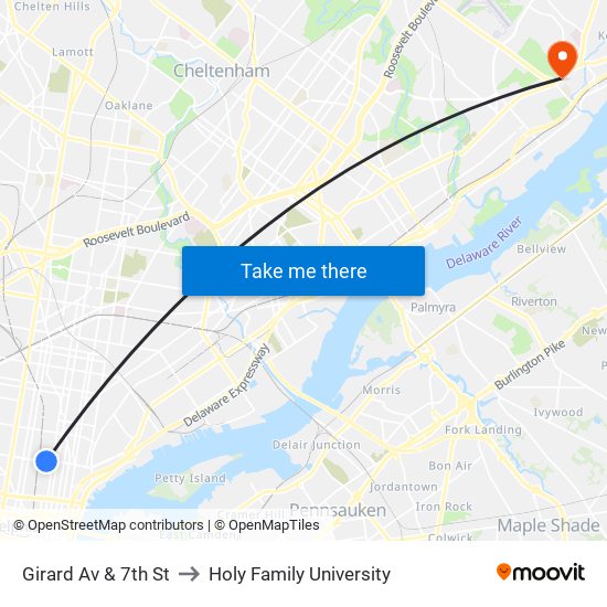 Girard Av & 7th St to Holy Family University map