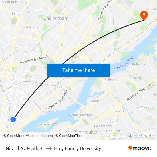 Girard Av & 5th St to Holy Family University map