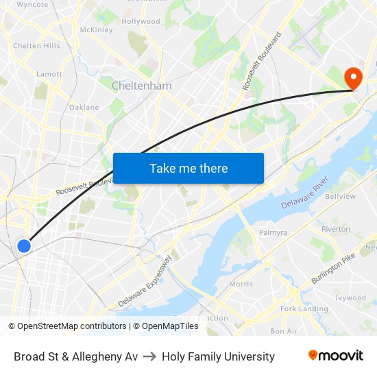 Broad St & Allegheny Av to Holy Family University map