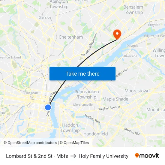 Lombard St & 2nd St - Mbfs to Holy Family University map