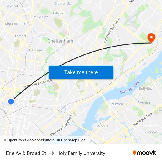 Erie Av & Broad St to Holy Family University map