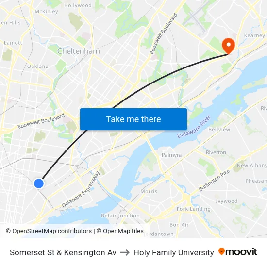 Somerset St & Kensington Av to Holy Family University map