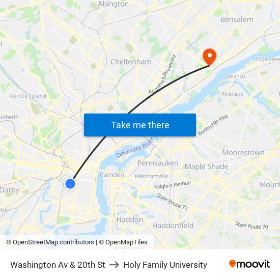 Washington Av & 20th St to Holy Family University map