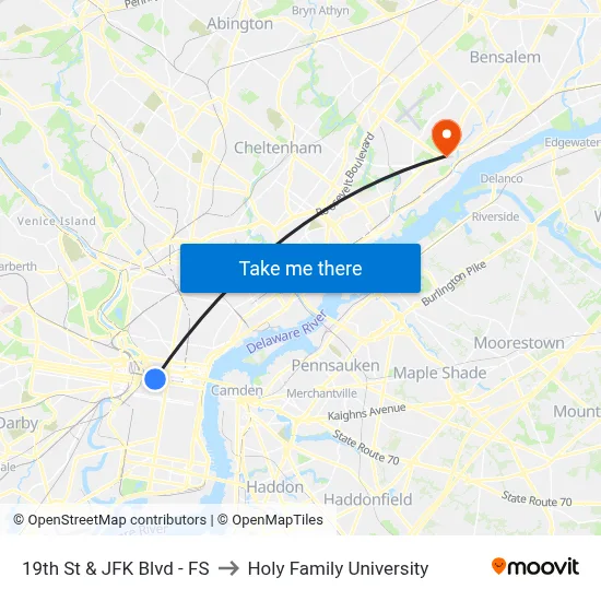19th St & JFK Blvd - FS to Holy Family University map