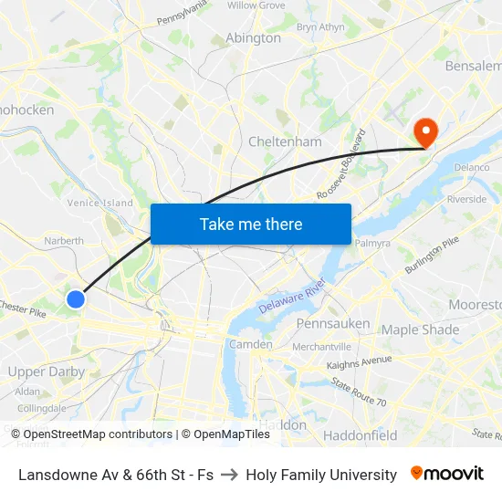 Lansdowne Av & 66th St - Fs to Holy Family University map