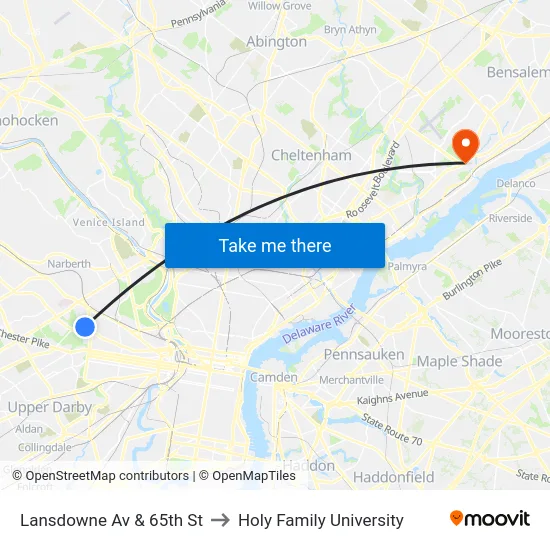 Lansdowne Av & 65th St to Holy Family University map