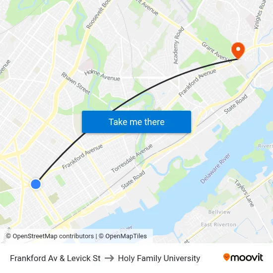 Frankford Av & Levick St to Holy Family University map
