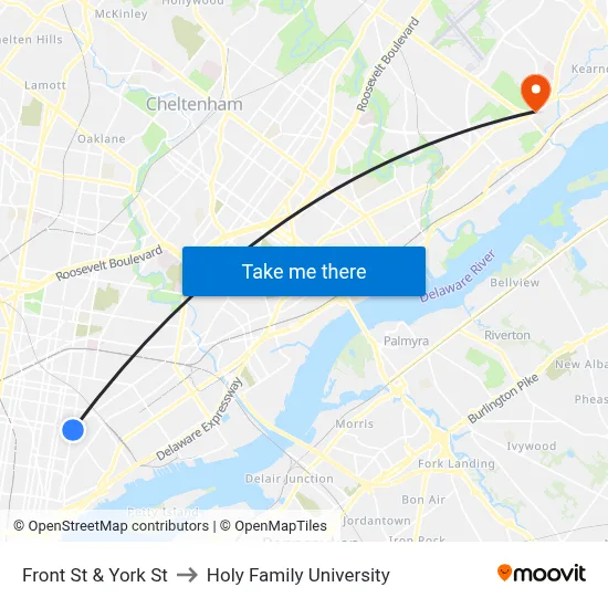 Front St & York St to Holy Family University map