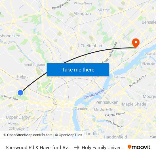 Sherwood Rd & Haverford Av - Fs to Holy Family University map