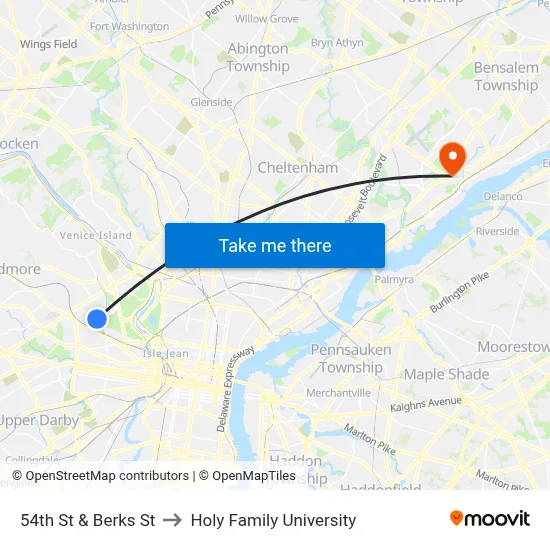 54th St & Berks St to Holy Family University map