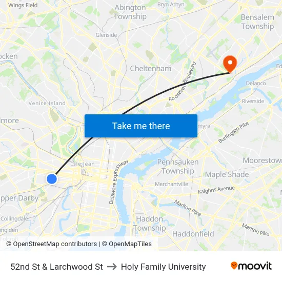 52nd St & Larchwood St to Holy Family University map