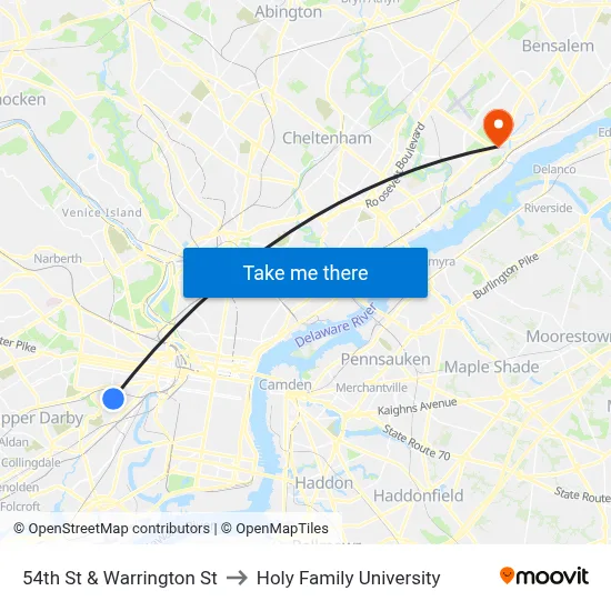 54th St & Warrington St to Holy Family University map