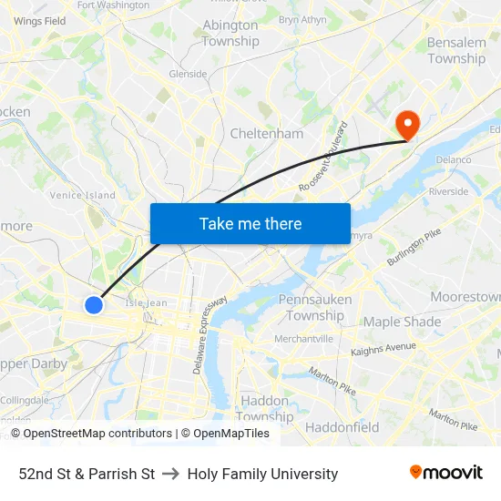 52nd St & Parrish St to Holy Family University map