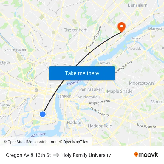 Oregon Av & 13th St to Holy Family University map