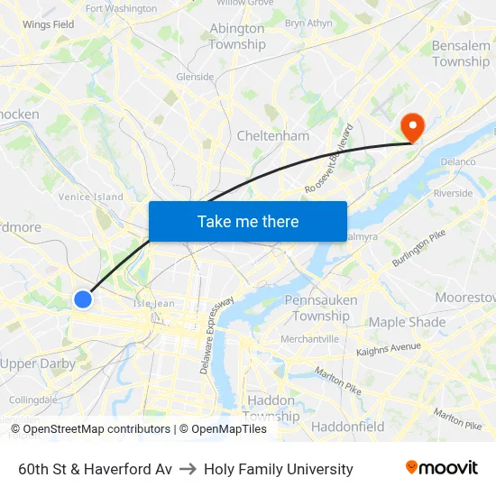 60th St & Haverford Av to Holy Family University map