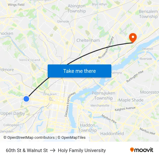 60th St & Walnut St to Holy Family University map