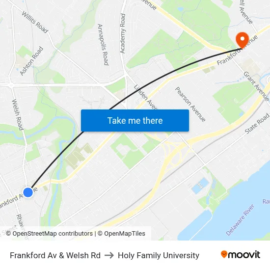 Frankford Av & Welsh Rd to Holy Family University map