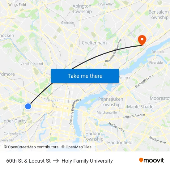 60th St & Locust St to Holy Family University map