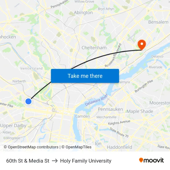 60th St & Media St to Holy Family University map