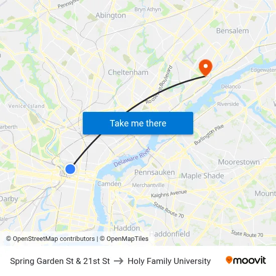 Spring Garden St & 21st St to Holy Family University map