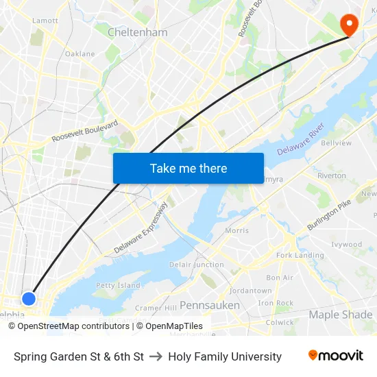Spring Garden St & 6th St to Holy Family University map