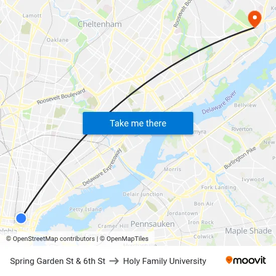 Spring Garden St & 6th St to Holy Family University map