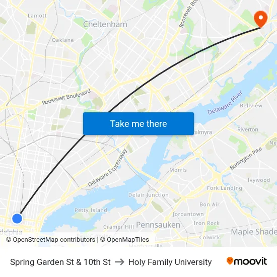 Spring Garden St & 10th St to Holy Family University map