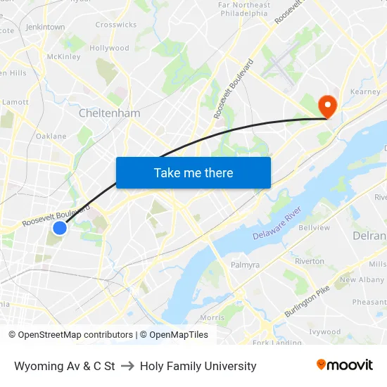 Wyoming Av & C St to Holy Family University map