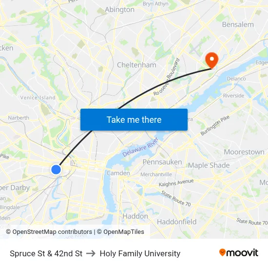 Spruce St & 42nd St to Holy Family University map