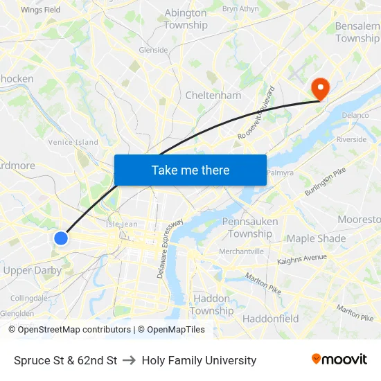 Spruce St & 62nd St to Holy Family University map
