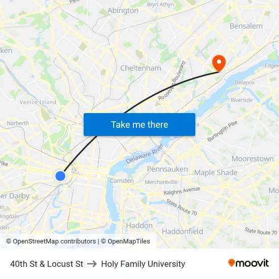 40th St & Locust St to Holy Family University map