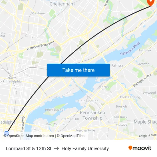 Lombard St & 12th St to Holy Family University map