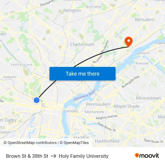 Brown St & 38th St to Holy Family University map