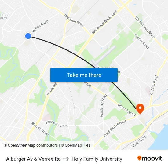 Alburger Av & Verree Rd to Holy Family University map