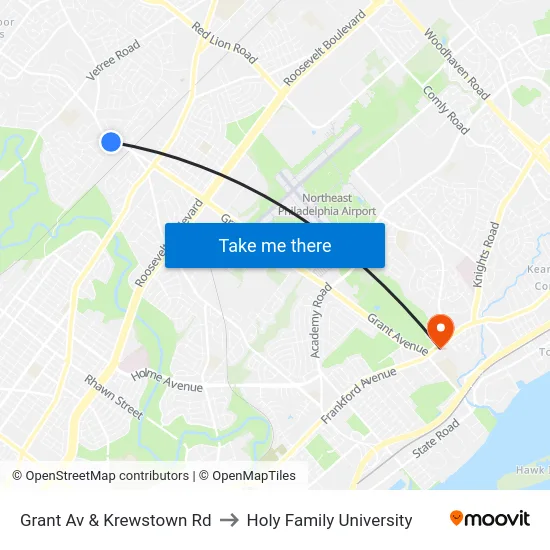 Grant Av & Krewstown Rd to Holy Family University map
