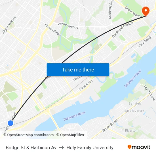 Bridge St & Harbison Av to Holy Family University map