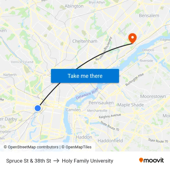 Spruce St & 38th St to Holy Family University map