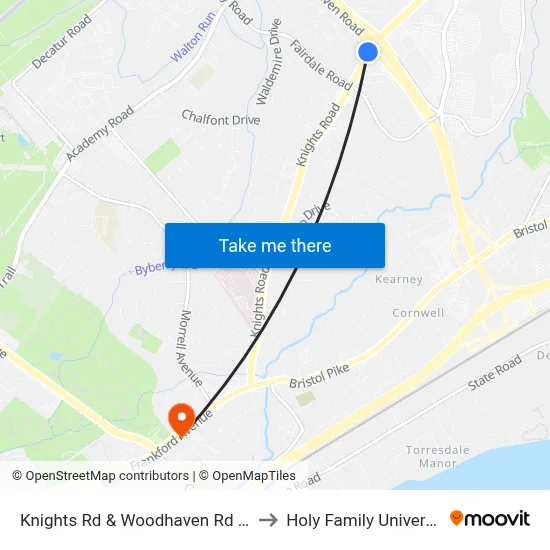 Knights Rd & Woodhaven Rd - FS to Holy Family University map