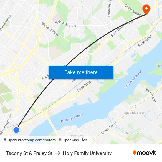 Tacony St & Fraley St to Holy Family University map