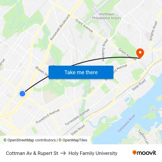 Cottman Av & Rupert St to Holy Family University map