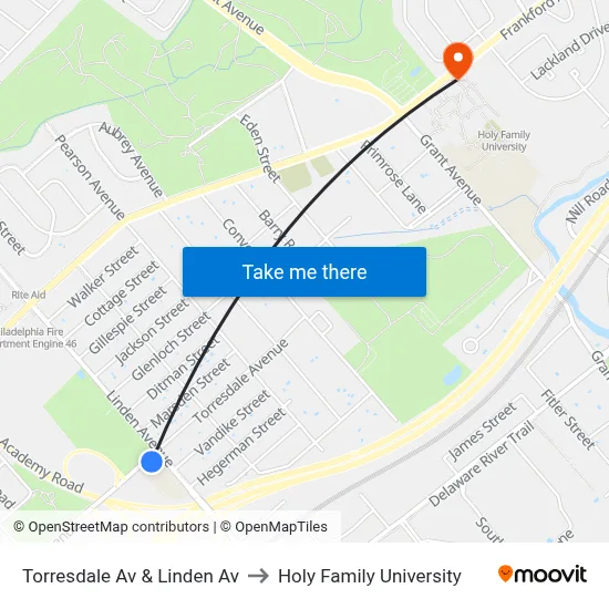 Torresdale Av & Linden Av to Holy Family University map
