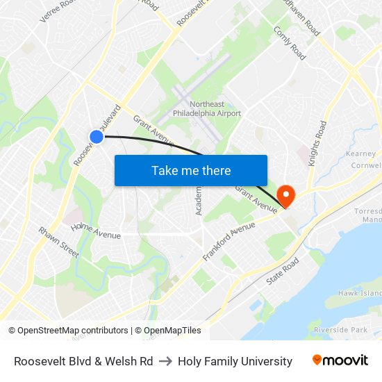 Roosevelt Blvd & Welsh Rd to Holy Family University map