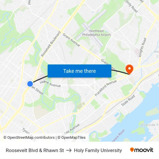 Roosevelt Blvd & Rhawn St to Holy Family University map