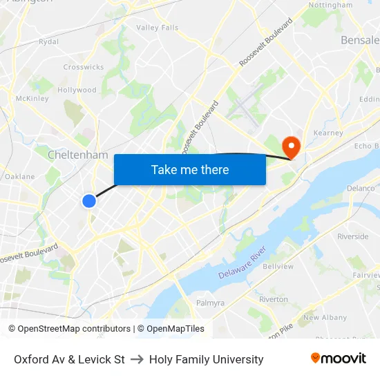 Oxford Av & Levick St to Holy Family University map
